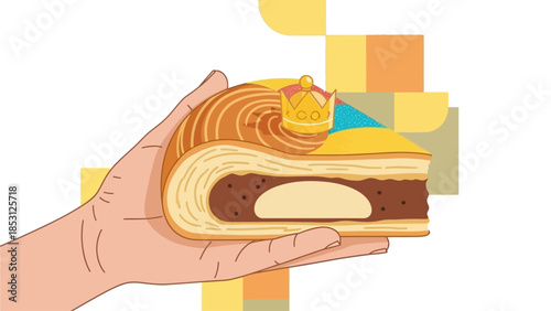 A close-up flat design illustration of a hand holding a slice of King Cake (Galette des Rois), revealing the coveted 'fève' figurine, a highlight of Epiphany celebrations.