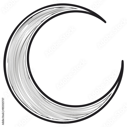 Stylized black and white crescent moon illustration with linear texture and dark outline