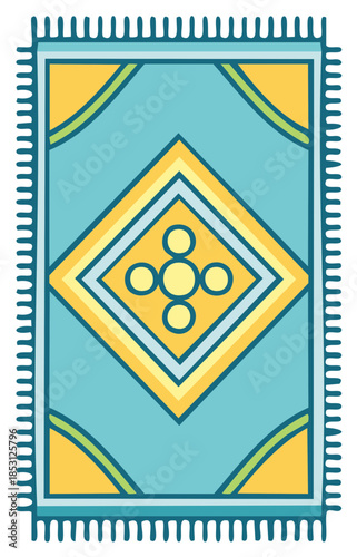 Stylized Teal and Yellow Diamond Patterned Rug With Tassels