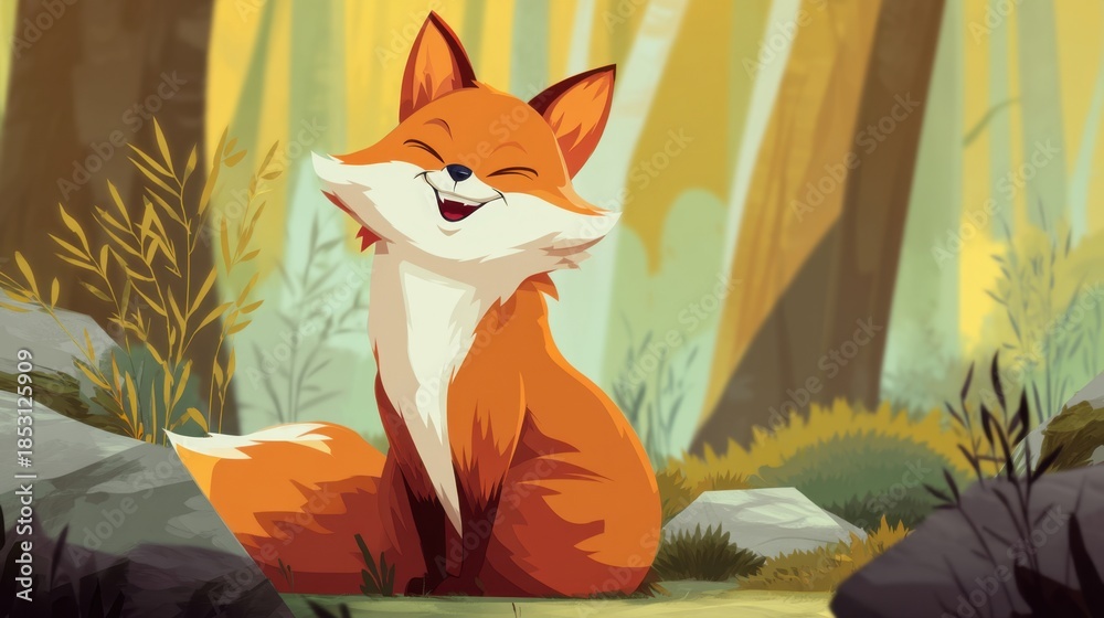 Naklejka premium A fox with bright orange fur sits in a forest. It has a happy expression surrounded by trees and green plants during daylight. The scene shows a playful animal in nature.