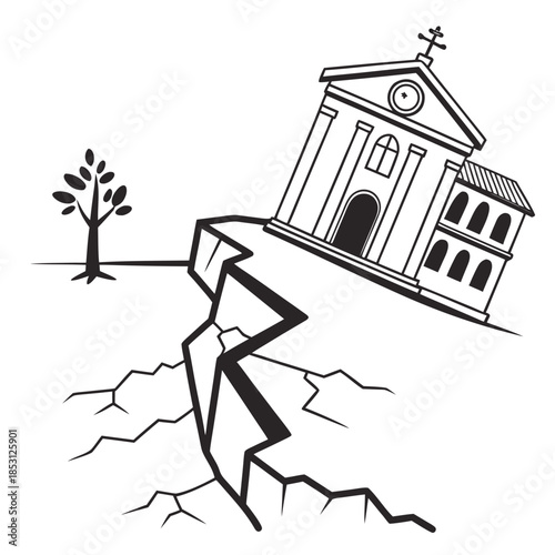 A black and white illustration depicting a church building tilting into a large crack in the ground, symbolizing an earthquake or natural disaster.