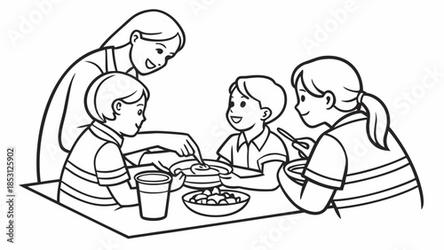 A happy family, a mother and her three children, enjoying a meal together at a dining table.