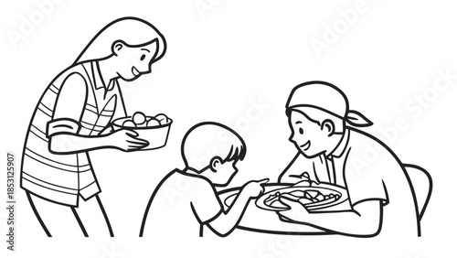 A family sharing a meal, with a woman serving food to a man and a child eating at a table.