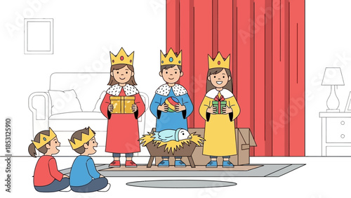 A delightful flat design illustration capturing children joyfully reenacting the Three Kings story, a charming aspect of Epiphany celebrations.
