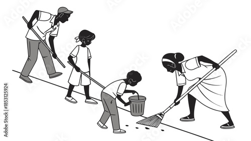 Four people, two adults and two children, working together to clean an outdoor area with brooms and a bucket.