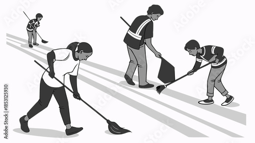 An illustration of several people, including children, participating in a community clean-up, sweeping and collecting trash outdoors.