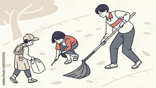 Three people, an adult man, woman, and child, cleaning up fallen leaves in a park with brooms and bags, depicting a community cleanup.
