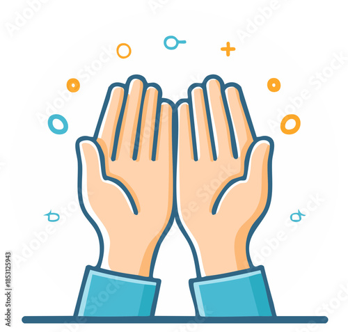 Two hands raised in supplication and decorated with geometric shapes create a sense of prayer faith