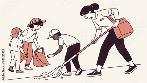 An adult woman and children volunteering to clean up a street, sweeping and collecting trash.