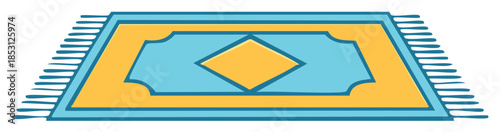 Geometric illustration of a colorful area rug with stylized design and fringe.