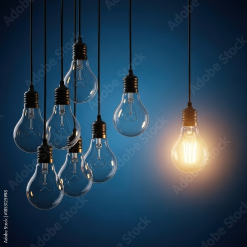 Single illuminated bulb among dark ones