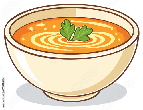 Simple cartoon style bowl of hot orange soup with fresh green leaves illustration
