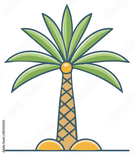 Stylized palm tree illustration on sand, representing tropical climate, summer vacation and paradise destination