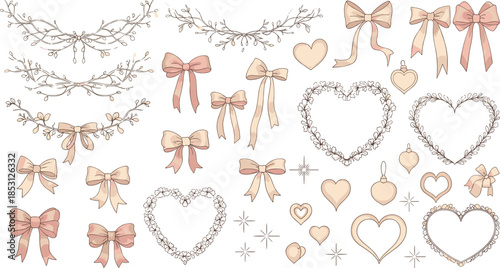 Collection of whimsical hand drawn bows hearts floral wreaths and ornaments in pastel hues for valentines day