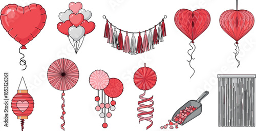 Red heart balloons, tassel garland, paper lanterns and confetti decorations for valentine's day or romantic