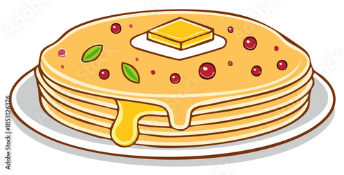 Cartoon Stack of Golden Pancakes Topped with Syrup Drizzle Butter Red Berries and Green Leaves