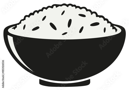 Minimalist black and white vector icon of a bowl filled with fluffy cooked white rice