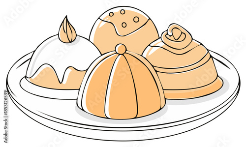 Variety of sweet desserts on a plate, hand-drawn style illustration