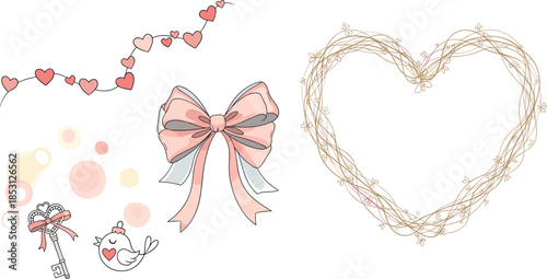 Whimsical heart shaped decorations with ribbon bow and bird on key, pastel colored