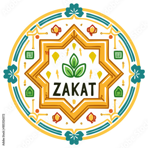 Decorative Zakat Symbol with Leaves and Geometric Floral Details for Charity Contributions