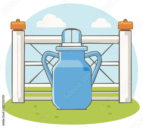 Milk Can by a White Fence with Sky and Green Grass Illustration Flat Design
