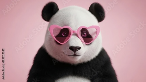A charming panda with heart-shaped glasses exudes an endearing appeal, standing against a lovely light pink background, creating a heartwarming and stylish visual.