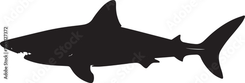 Black silhouette of a shark with open mouth and sharp teeth on a white background Keywords: shark, silhouette, black, white background, animal, marine, ocean, predator, sea, underwater, dangerous