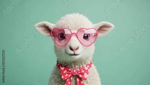 A charming lamb adorned with heart-shaped glasses and a playful bow tie. Capture the essence of sweetness.