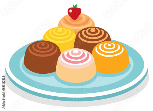 Variety of delicious colorful swirled dessert pastries with strawberry on a light blue plate vector illustration