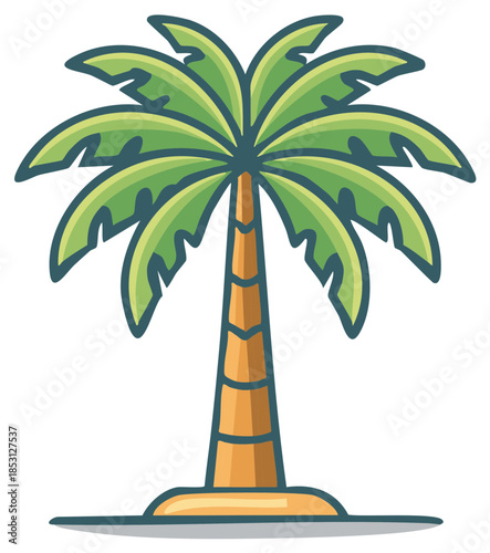 Stylized green palm tree with brown trunk and tropical island sand base on white background