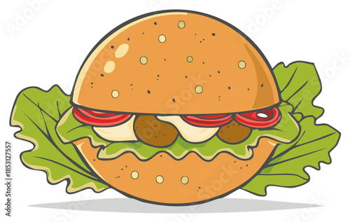 Delicious cartoon vegetarian burger illustration with fresh lettuce tomatoes and savory patties