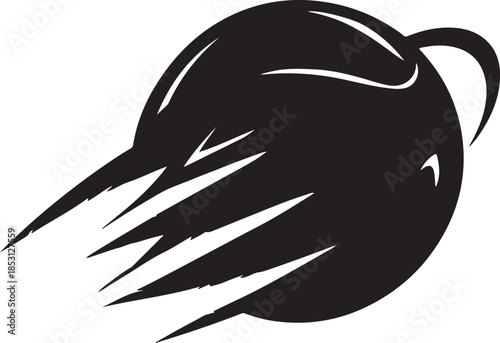 Black silhouette of a stylized comet or meteor with a trailing fiery effect on white background space