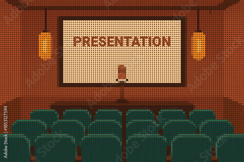 Modern Presentation Room with Teal Theater Seats Halftone Digital Art
