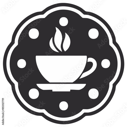 Steaming Coffee Cup Icon with Decorative Border and Dots