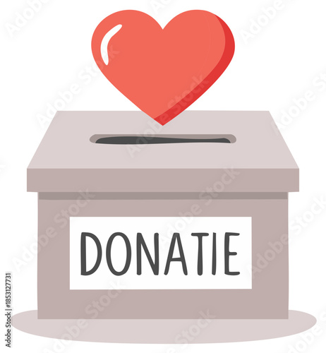 Red heart above a donation box with the word 'Donatie' on its side