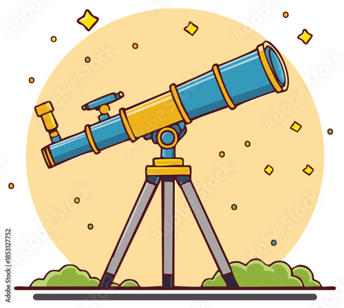 Vibrant cartoon telescope illustration for astronomical observation science discovery and space exploration