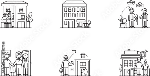 Collection of Simple Line Art Icons Depicting Residential Buildings and People Engaged in Daily Activities