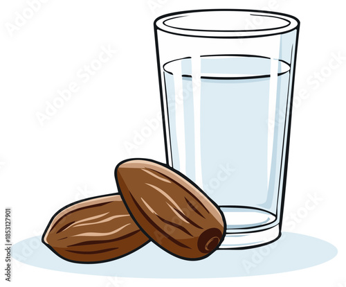 Refreshing clear water in a simple glass paired with sweet, nutritious dates, cartoon illustration style