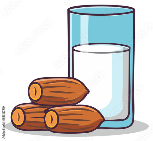 Illustration of a glass of milk with dates, promoting healthy eating and Islamic traditions during Ramadan.