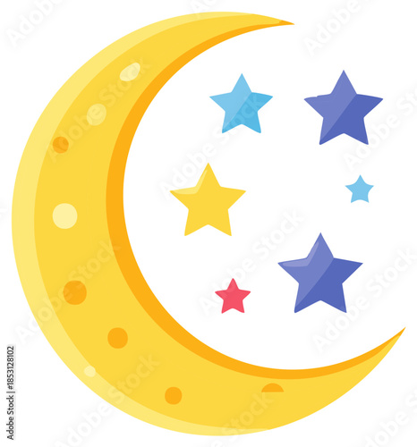 Yellow Moon Crescent with Colorful Stars Celestial Night Sky Concept