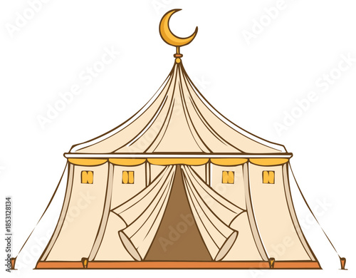 Cartoon circus tent with crescent moon ornament isolated.