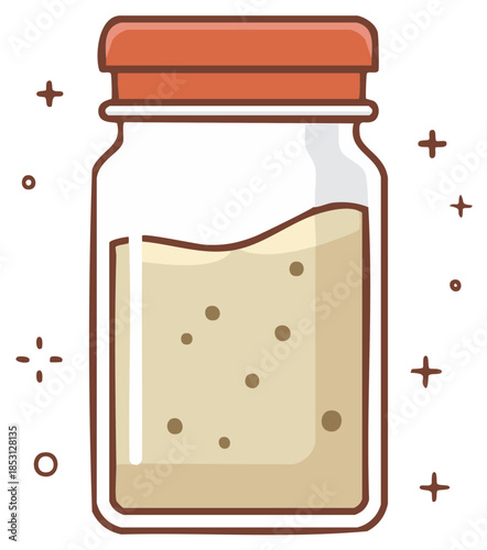 Playful cartoon drawing of a sealed glass jar with an orange lid holding a mysterious speckled liquid