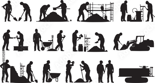 Construction workers and heavy machinery silhouettes performing various tasks and activities Keywords: construction, worker, silhouette, excavator, bulldozer, digging, shovel, wheelbarrow, hard