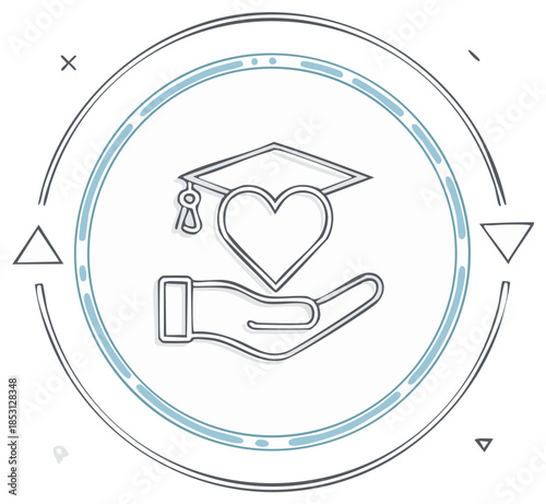 Hand holding graduation cap and heart icon symbolizing care and education