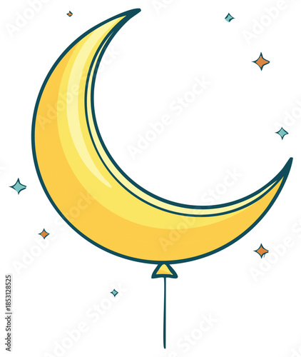 Cute yellow crescent moon balloon with colorful stars in a whimsical cartoon style illustration