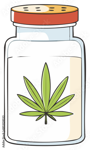 Glass jar with cannabis leaf symbol and red metal lid