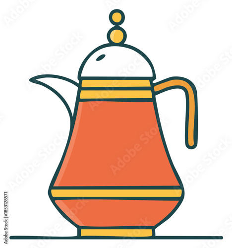 Traditional Middle Eastern coffee pot in orange and yellow with a simple design and dark outline