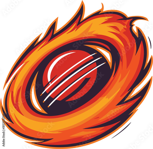 Fiery abstract graphic of a cricket ball engulfed in flames and swirling energy sport game