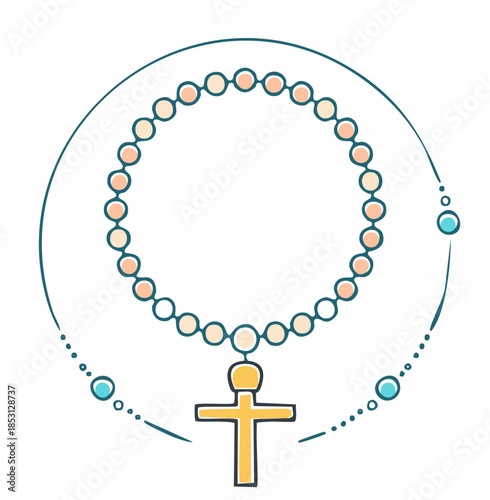 Cartoon illustration of a rosary with a cross pendant and a circular element