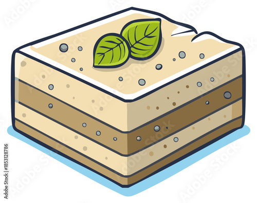 Cartoon-style layered cake illustration with mint leaves and decorative elements